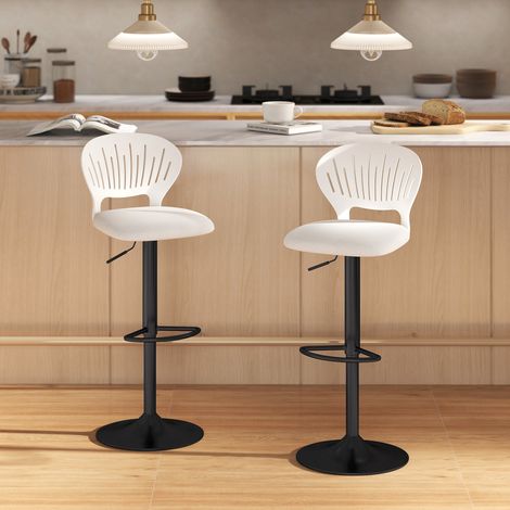 Set aus 2 drehbaren Barhockern (360°), höhenverstellbar von 84 bis 105 cm, mit hohler Rückenlehne und Fußstütze, weiß