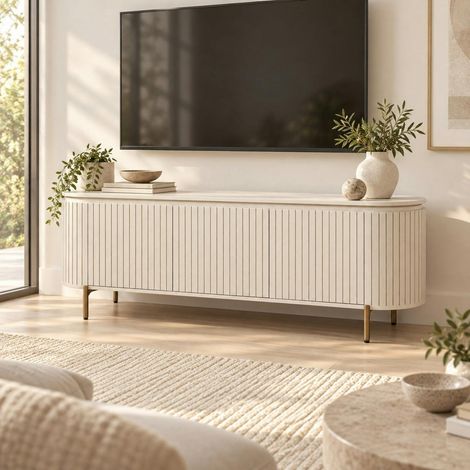 Meuble TV bois beige rainuré 3 portes 165 cm CALERO (1/5)