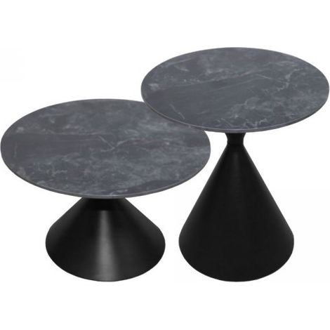 Set 2 tavolini da salotto basso Punto con piano effetto marmo nero e gambe in metallo nero