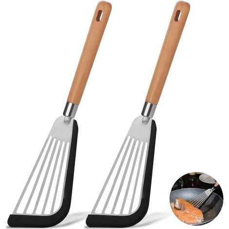 Küchenspatel-Set mit 2 Teilen, mit Holzgriff und Silikonkopf, hitzebeständiges Küchenutensil, zum Kochen von Fisch, Eiern, Steaks und Pfannkuchen (1/5)