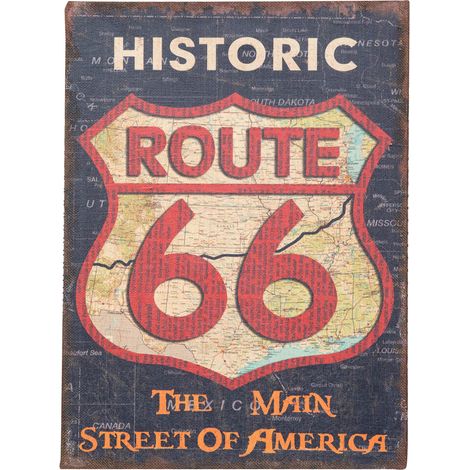 Antiqued raw jute canvas W45xDP1, 9xH60 cm sized ROUTE 66 print