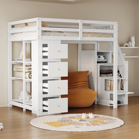 Modernluxe – Lit mezzanine 140x200cm en bois massif – 4 tiroirs de rangement – Échelle de sécurité avec tiroirs – Capacité 120 kg (1/5)