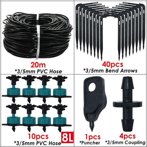 (KSL01-KIT311-20M) Kit de système d'irrigation goutte à goutte pour serre avec tuyau PVC 8H et perforateur pour tuyau de jardin 1/8'' et goutteur en forme de flèche (1/5)