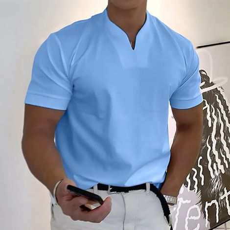 T-shirt d'été pour homme, col V, poche en coton, élastique, doux et respirant, manches courtes, bleu clair, taille 3XL (1/3)