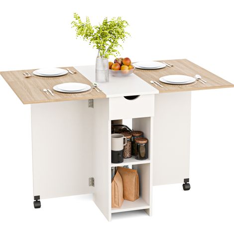 Table pliante, Table à manger pliante cuisine avec 1 Tiroir et 2 Etagères, Table mobile à feuilles caduques, Chêne Coupé et Blanc Mondeer