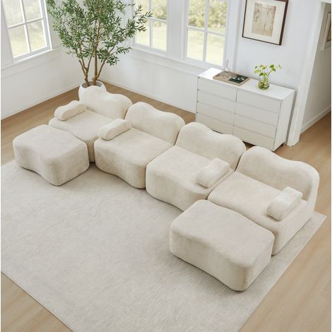 Sofá modular en U de 4 plazas con 2 otomanas, sin estructura interna, terciopelo beige DESVIAE (1/5)