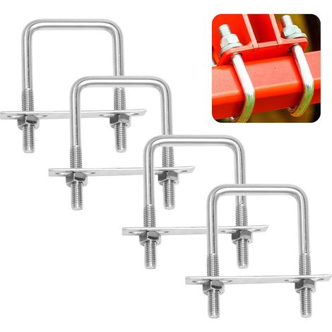Un ensemble de 4 supports de montage de coffre de toit carrés M8 – supports en forme de U – brides carrées de 65 x 80 mm – comprenant écrous et plaques de renfort. (1/5)