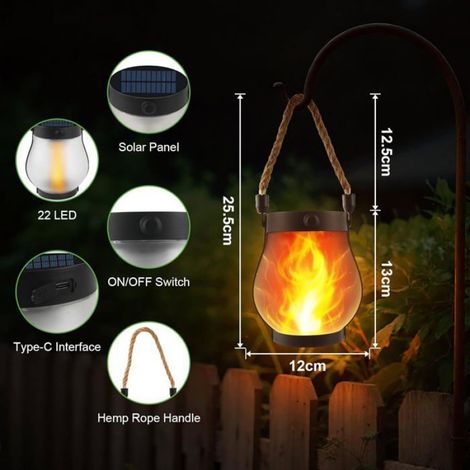 2 lampes solaires suspendues IP65 – flamme réaliste – terrasse, balcon (1/4)