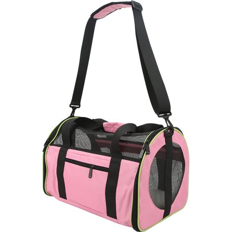 Sac de voyage pliable en nylon 600D pour chats et chiens, avec bandoulière ajustable, rose clair. (1/5)
