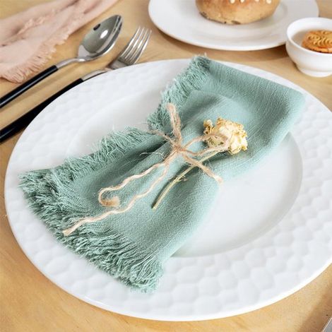 Lot de 6 serviettes de table en tissu fait main (45 x 45 cm), en coton avec franges. Ces serviettes délicates, couleur vert haricot, sont idéales pour les dîners, les fêtes, les mariages et autres occ (1/5)