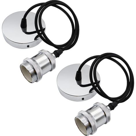 Set of 2 E27 Pendant Lights with Screw Ring, E27 Lamp Holder with Adjustable 100cm Textile Cable, Suspension Cable for Ceiling Lighting in Living Room, Bedroom, Kitchen (Silver) (1/5)