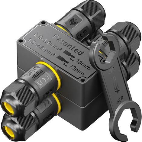 Connecteurs de Câbles Étanches IP68 avec Clé - Boîte de Jonction 3 Voies pour 3 Fils - Raccord Étanche pour Jardin - Dérivation de Câble Ø4-12mm - Boîtier Électrique Extérieur, Lot de 2 (1/5)