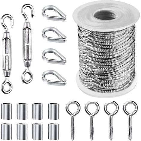 Kit de câble en acier inoxydable de 15 m (50 pi) gainé PVC avec tendeur réglable pour l'installation d'un auvent extérieur (1/5)
