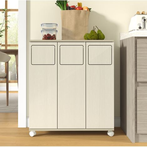 Mobile porta-raccolta rifiuti a 3 scomparti, su ruote, MDF, bianco HAVRYA (1/5)