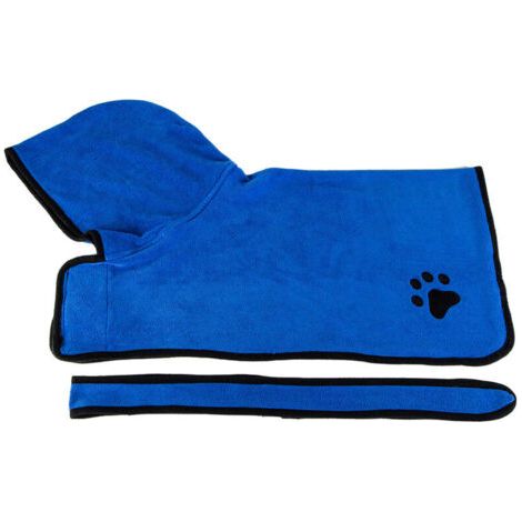 Hundebademantel/Handtuch mit Kapuze und Gürtel, superweich und saugfähig, Blau-M