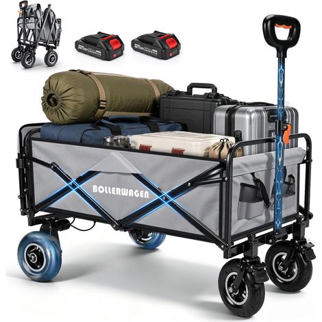 Chariot Électrique Pliable 240L Moteurs 2x50W Charge 80kg Électrique /120kg Manuel Pneus Gonflables Cadre Acier Renforcé Poignée Réglable 68-100cm Compatible Batterie Makita 14,4V pour Camping Jardin (1/5)