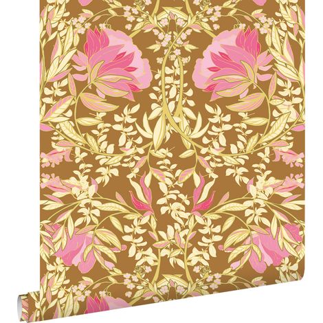 papier peint fleurs vintage de style art nouveau vert et rose bonbon - ESTAhome (1/5)