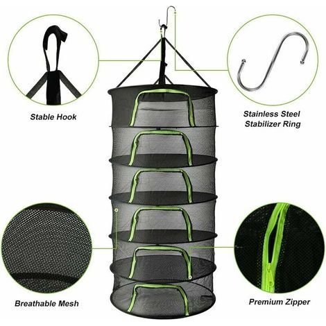 Hanging Herb Dryer, 2ft 6-Layer Mesh Net for Herbs, Flowers, Bulbs, Fish, Large Foldable Round Hanging Drying Rack with Green Zipper, Pruning Shears, Hooks
