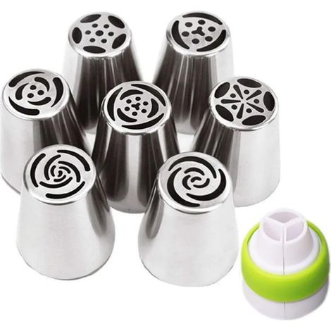 Ensemble de 11 douilles à pâtisserie professionnelles en acier inoxydable russe : 7 douilles à fleurs, 2 douilles à feuilles, 1 adaptateur, 1 poche à douille en silicone. Idéal pour la décoration de g (1/4)