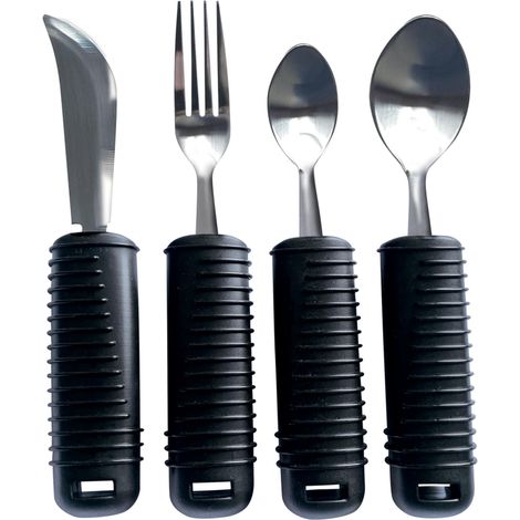Set de 4 Couverts Easy Grip, Idéal pour Personnes Âgées ou Handicapées, Fourchette, Couteau, Cuillère et Cuillère à Café, Manche Large Antidérapant, Caoutchouc avec Grip pour Faciliter la Prise (1/5)
