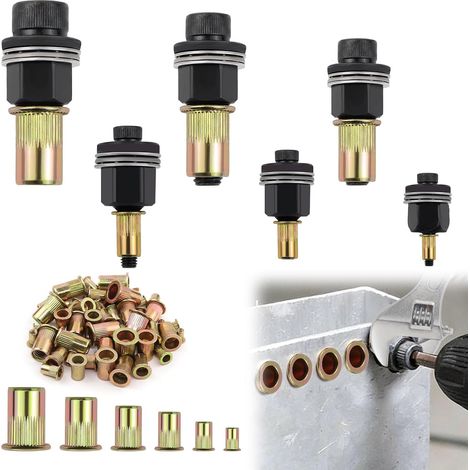 6 Piece Threaded Insert Pliers Containing 60 Metal Threaded Inserts in Sizes M3, M4, M5, M6, M8, M10, This Simple Riveting Tool Can Be Used Manually, Electrically or Pneumatically (1/5)