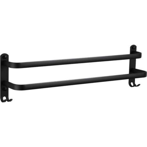 Porte-serviettes mural pour salle de bain, avec sèche-serviettes intégré, barre porte-serviettes murale double, 40 cm, acier inoxydable, noir mat (1/5)