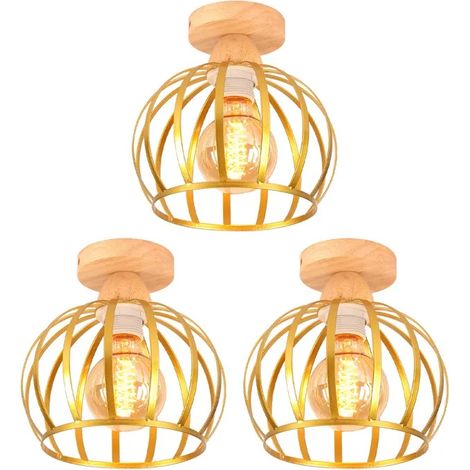 Plafonnier - - Vintage - Métal et Bois - 20cm - 3 Ampoules E27 - Style Industriel (1/5)