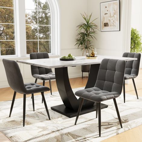 Set da pranzo in MDF e velluto, multicolore, 5 posti, design moderno con piano effetto marmo (1/5)