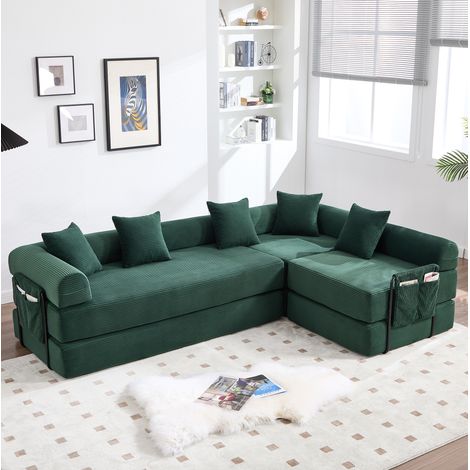 Divano angolare modulare in velluto a coste verde con contenitore OKWISH (1/5)
