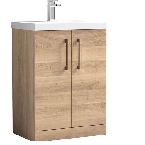 Balterley Bramshall Contemporary Bathroom Floor Standing 2-Door Vanity & Basin, Bleached Oak, 600mm