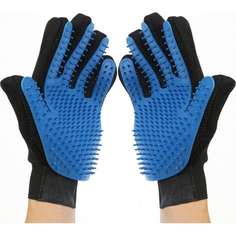 Gants de toilettage pour animaux (bleus), brosse à poils souples, pour enlever les poils d'animaux. (1/5)