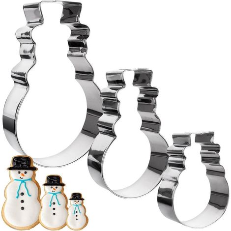 Tres moldes de muñeco de nieve de acero inoxidable para repostería navideña.