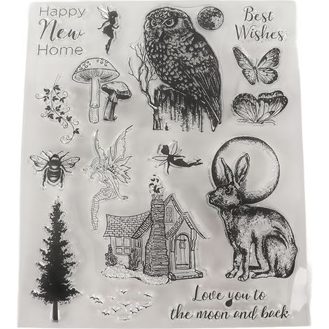 Tampons transparents à motifs variés : fée, hibou, lapin, fée, etc. Idéal pour la création de cartes et la décoration DIY. (1/5)