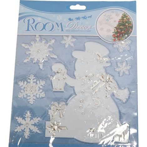 Adesivi autoadesivi con pupazzo di neve e fiocchi di neve in bianco e argento, dimensioni 24x18 cm [OZD-29]