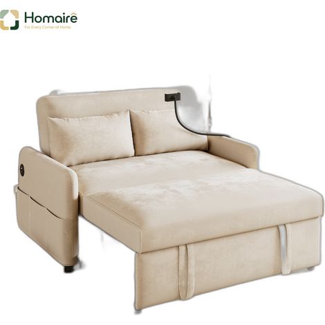 Canapé en velours beige avec couchage coulissant et port USB 129 x 76 x 81 cm HOMAIRE (1/5)