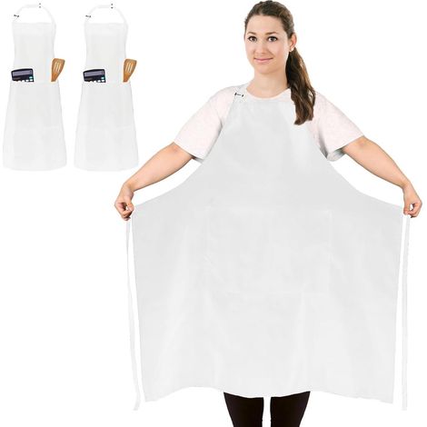 Lot de 2 Tabliers de Cuisine Grande Taille Blanc, Tablier Imperméable avec 2 Poches pour Cuisine & BBQ