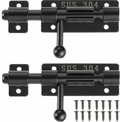 Loquet de porte à boulon avec trou de verrouillage, serrure de porte coulissante en acier inoxydable 304, 4 pouces, noir, 2 packs, 204BB-BL-2 (1/4)