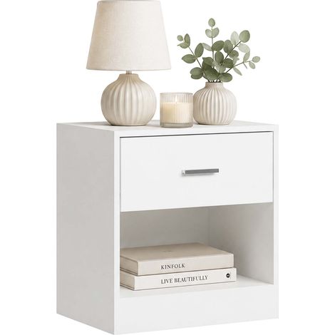 Relaxdays bedside table, drawer, open shelf, HxWxD: 41 x 39 x 28 cm, bedside cabinet, white (1/5)
