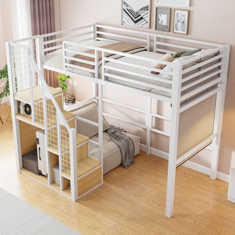 Lit mezzanine enfant 90x200 cm avec escalier, rangement intégré et garde-corps, métal blanc (1/5)