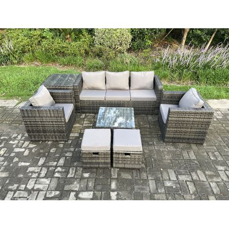 Fimous Wicker 7 Pieces Rattan Garden Furniture Sofa Set with Armchair Side Table Square Coffee Table 2 Small Footstools Dark Grey Mixed (1/5)