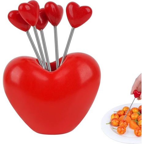 Fourchettes à fruits, lot de 5, en forme de cœur, 9 cm, avec support, fourchettes à dessert en acier inoxydable pour gâteaux, salades, plateaux, mariages et cadeaux d'invités, rouges (1/5)