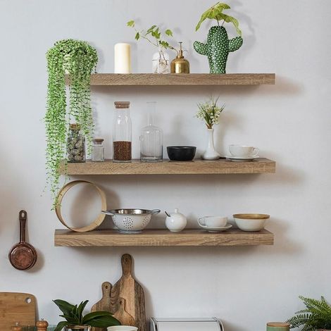 Shelf wall-mounted in wood solid  Set of 3  40 cm x 15 cm  Brackets invisibles in stainless steel  Charge up to 10 kg (1/4)