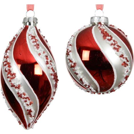 Decoris Sfera di Vetro Natalizia - Rosso e Argento con Perline - 8 cm