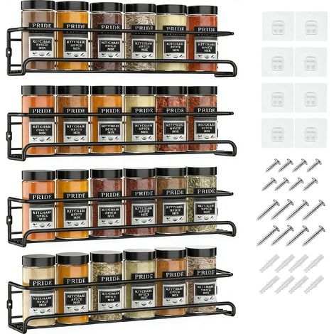 Lot de 4 étagères à épices murales en acier inoxydable pour cuisine et intérieur de placard ou garde-manger, étagère à épices de cuisine avec adhésif ou vis (1/5)