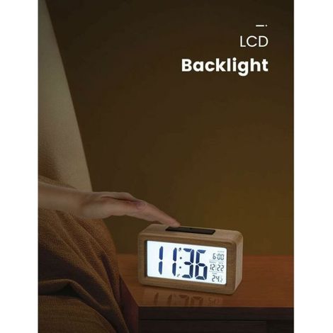 Réveil Numérique en Bois, Horloge de Chevet LCD Rétroéclairé, Température, Fonction Snooze, 3 Piles AAA (Non Incluses) (1/5)