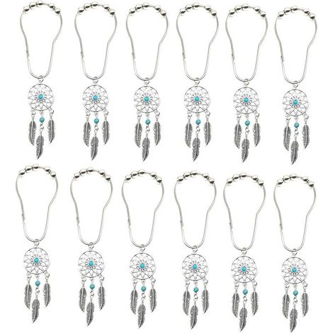 12pcs Decorative Shower Curtain Hooks Rust Proof Stainless Steel Curtain Rings with Dream Catcher Pendant Bathroom Decor (1/5)