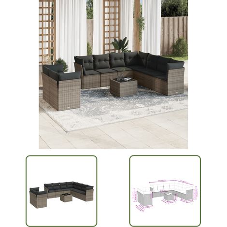 The Living Store Salon de jardin avec coussins 10 pcs gris résine tressée - Ensemble Salon De Jardin - Mobilier De Jardin - Salon De Jardin Pliable - Résine Tressée - Rotin Synthétique (1/3)