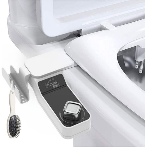 Tapa de inodoro inteligente con manguera trenzada de 0,63 m, sin electricidad, sistema de lavado corporal plegable con soporte para teléfono móvil, boquilla doble con descarga para sistema de lavado d (1/5)