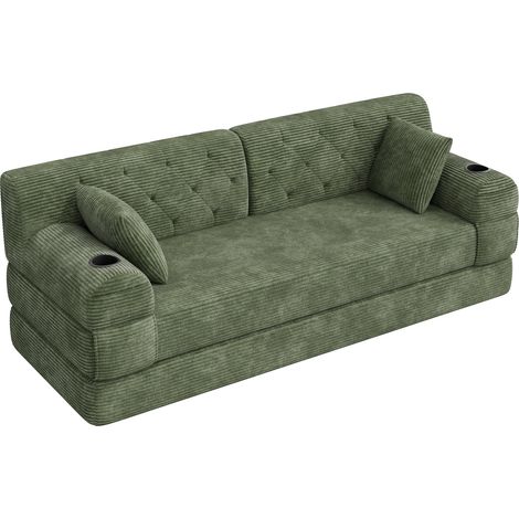Sofá cama de 3 plazas de pana verde con respaldo alto y armazón metálico (1/5)