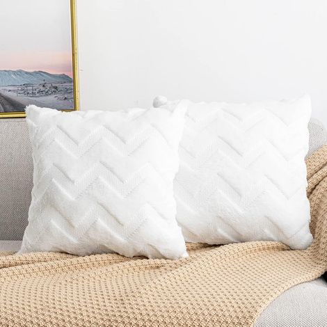 EASYCOMFORT Lot de 2 Housses de Coussins en Laine Artificielle et Velvet,Douce Peluche Décorative Taie d'oreiller avec Motif Ondulé, Blanc Pur Housse de Coussin pour Canapé, 45x45CM (1/5)